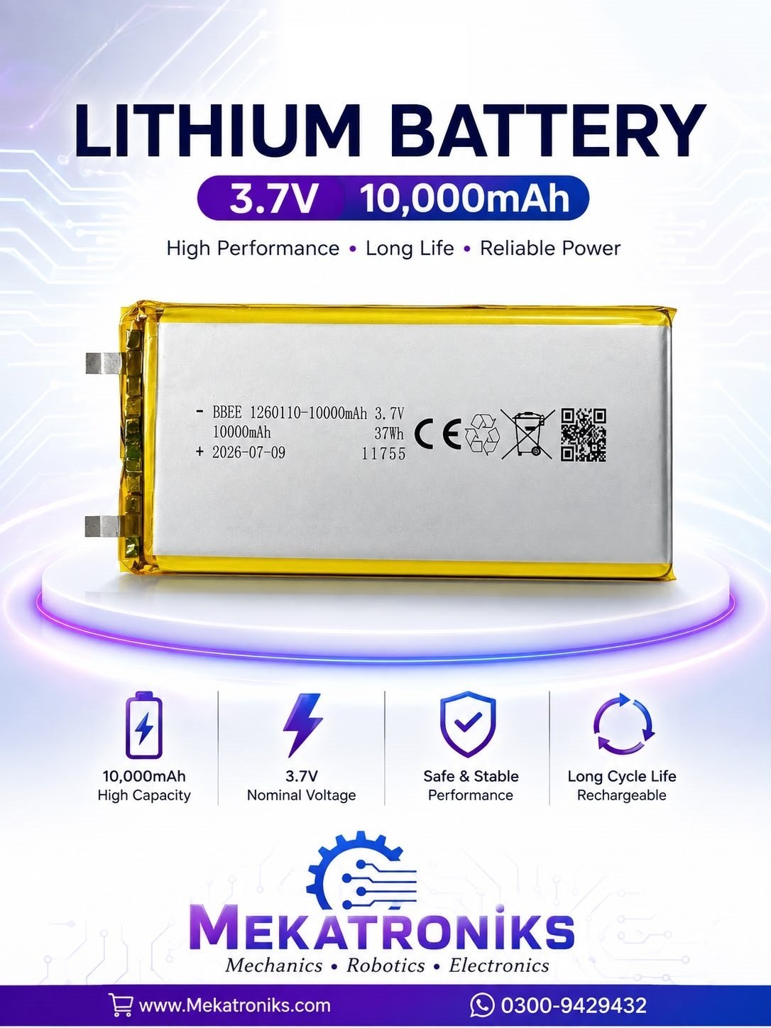 LiPo Lithium Battery 3.7V 10000mAh rechargeable battery