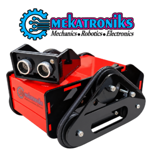 Red and black mini tracked robot kit with belt track drive and front ultrasonic sensor