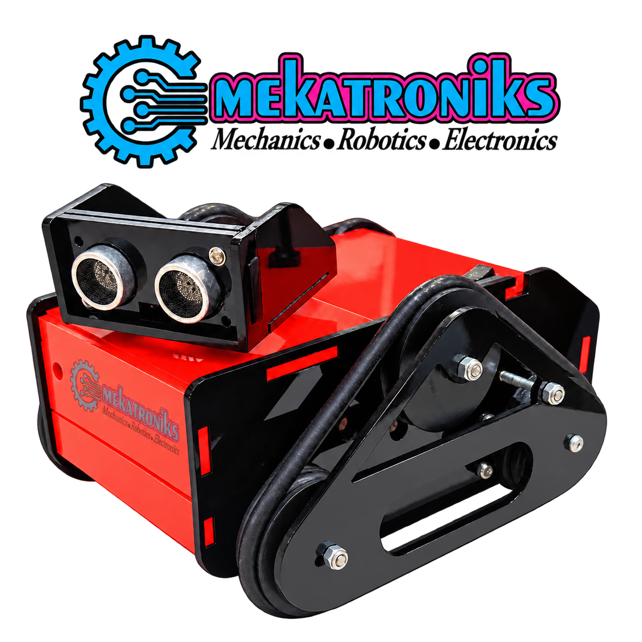 Red and black mini tracked robot kit with belt track drive and front ultrasonic sensor